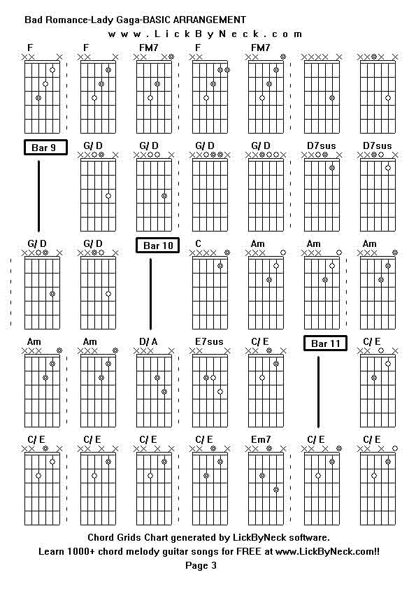 Chord Grids Chart of chord melody fingerstyle guitar song-Bad Romance-Lady Gaga-BASIC ARRANGEMENT,generated by LickByNeck software.